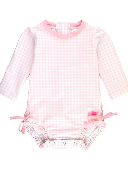 Pink Gingham Long Sleeve One Piece Bathing Suit