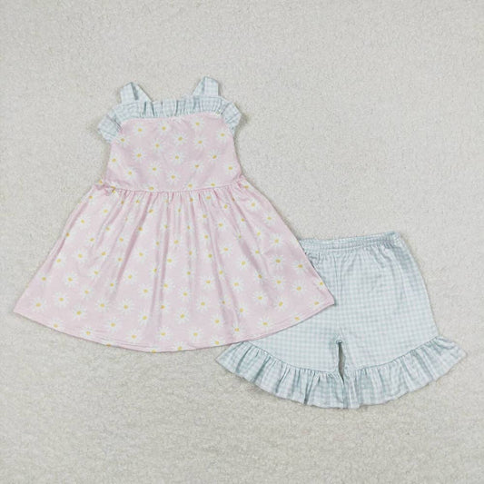 Baby Girls Pink Daisy Straps Tunic Top Ruffle Shorts Clothes: 12-18M