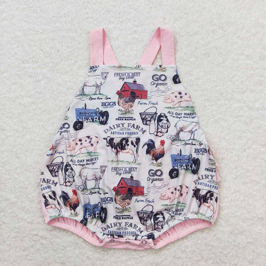 Baby Girls Pink Farm Ruffle Straps Rompers