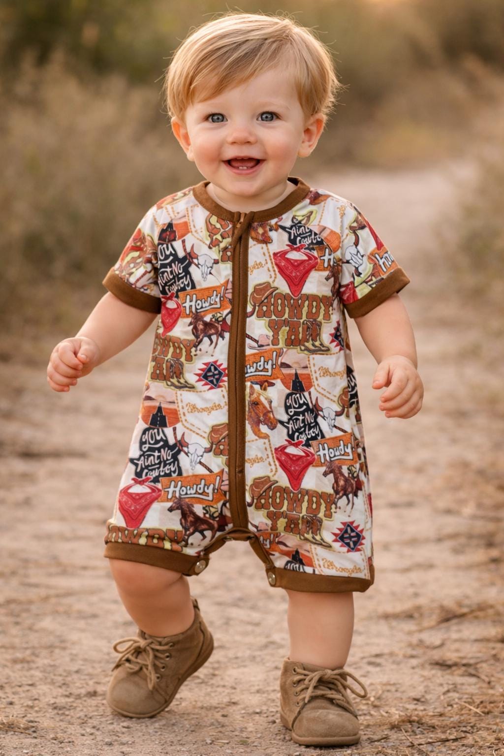 Howdy Western Printed Baby Romper with Snaps