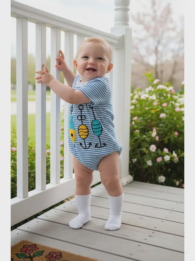 Fishing Float Embroidery Blue Baby Onesie