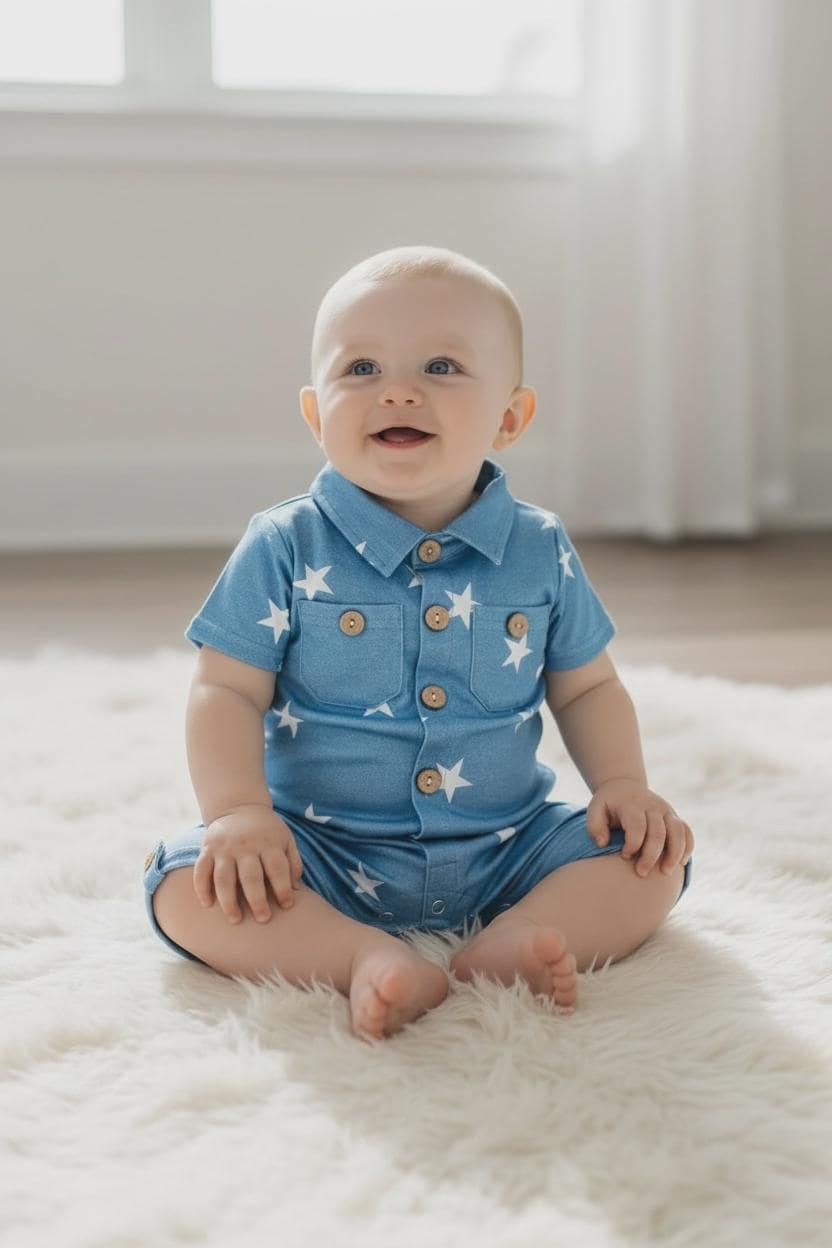 Star Printed Boys Baby Romper with Snaps.