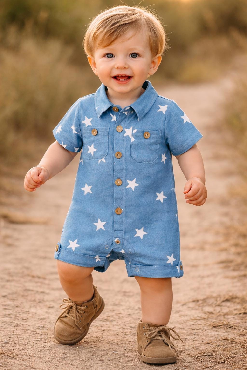 Star Printed Boys Baby Romper with Snaps.