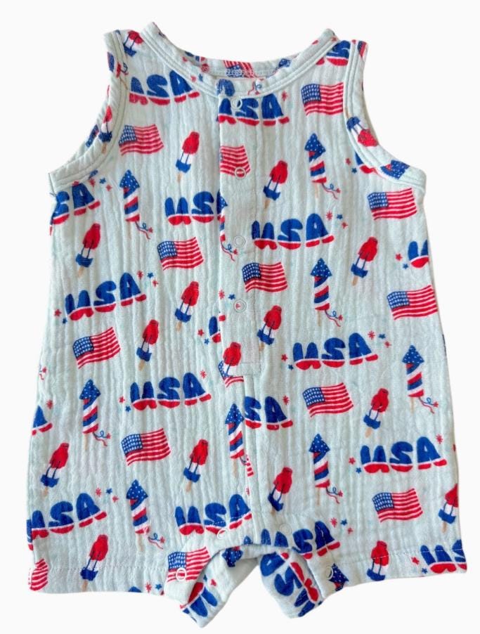 Muslin Shortie Romper, 4th of July Blue