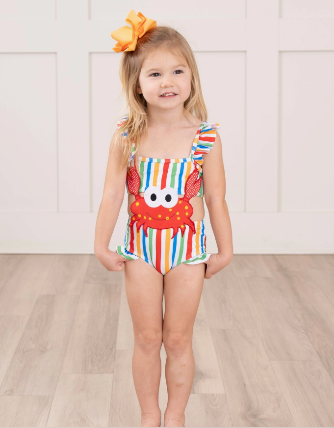 Crab Striped Ruffle One-Piece Swimsuit