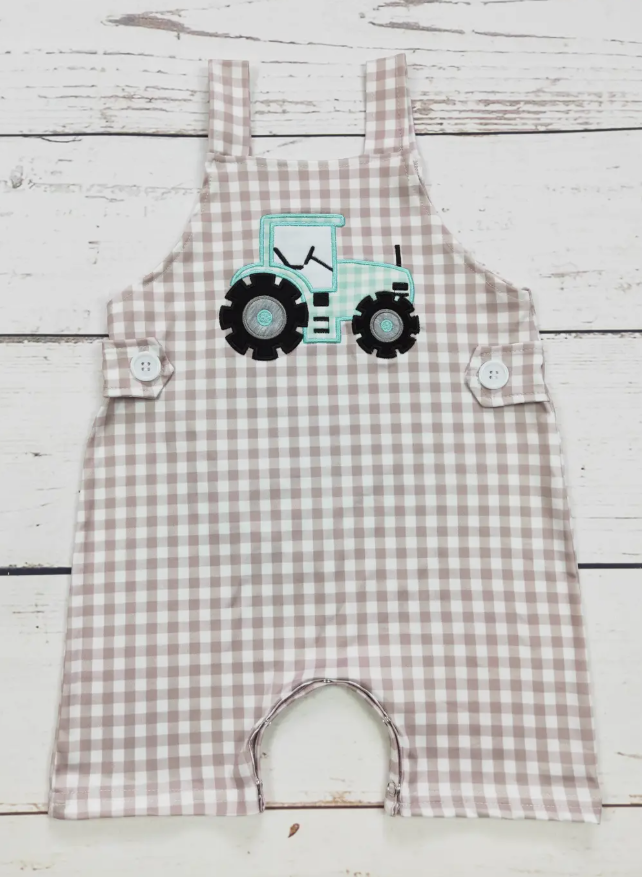Baby Boy Tractor Appliqué Checkered Romper