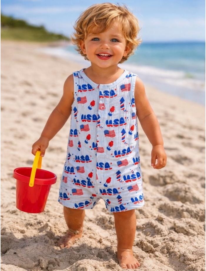 Muslin Shortie Romper, 4th of July Blue