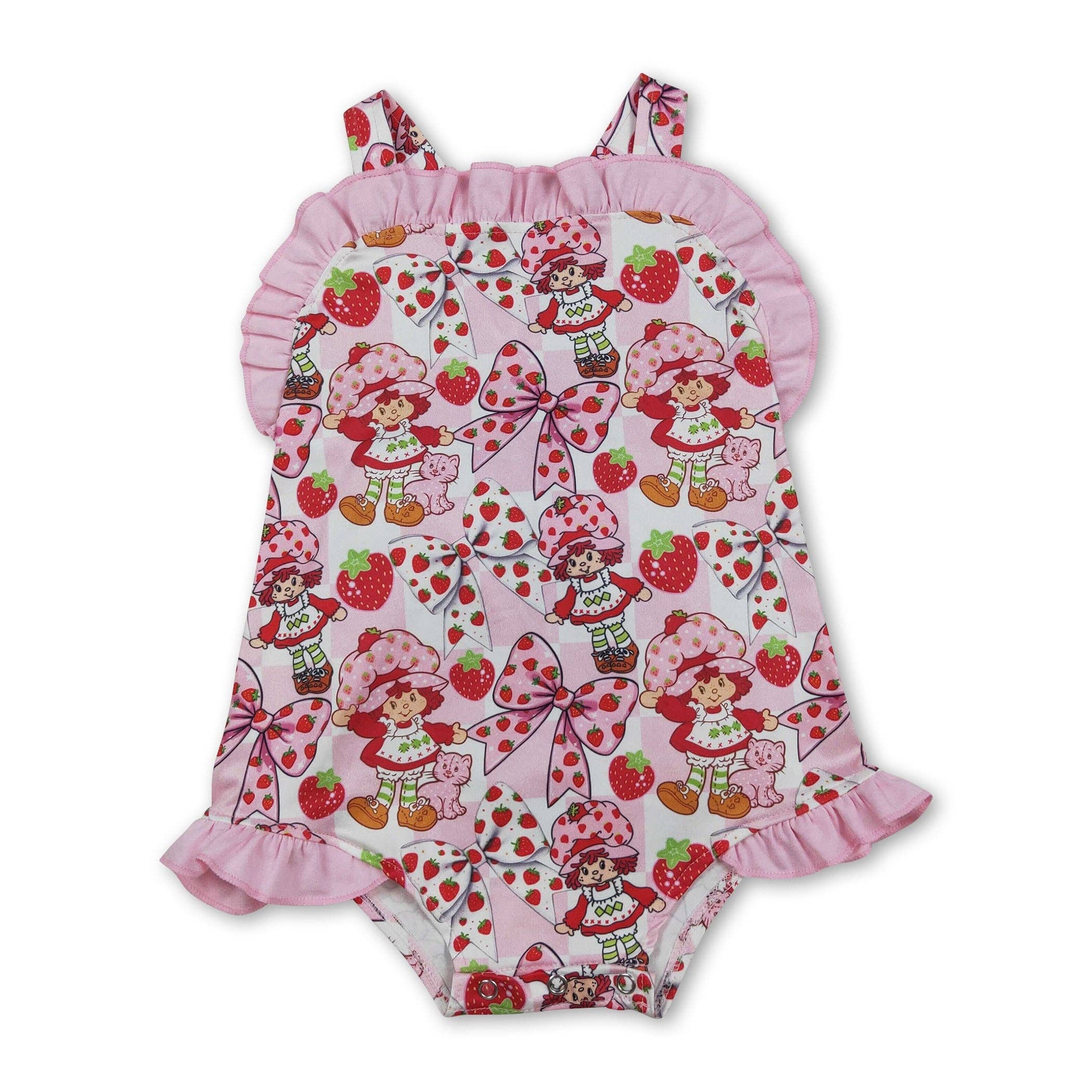 Strawberry bow ruffle straps baby girls summer romper